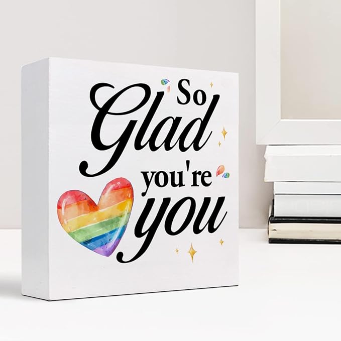 So Glad You're You Rainbow Heart Wood Box Sign Decor Desk Sign,Inspirational Affirmation Wooden Box Block Sign for Home Office Shelf Table Decor Decorations - LeafyLoom