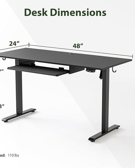 Height Adjustable Desk with Keyboard Tray, 48 x 24 Inches Electric Standing Desk, Stand up Computer Table with Memory Preset, Gaming Modern Lift Motorized Gaming Workstation, Black - LeafyLoom