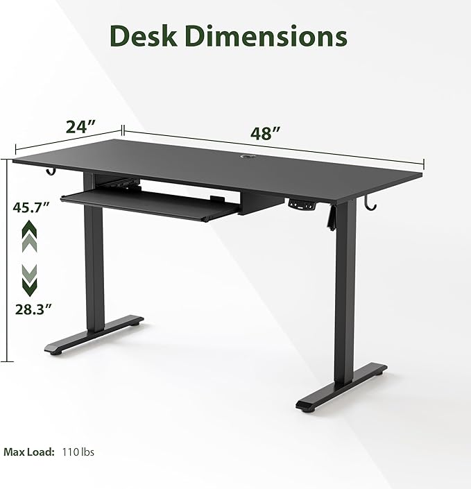 Height Adjustable Desk with Keyboard Tray, 48 x 24 Inches Electric Standing Desk, Stand up Computer Table with Memory Preset, Gaming Modern Lift Motorized Gaming Workstation, Black - LeafyLoom