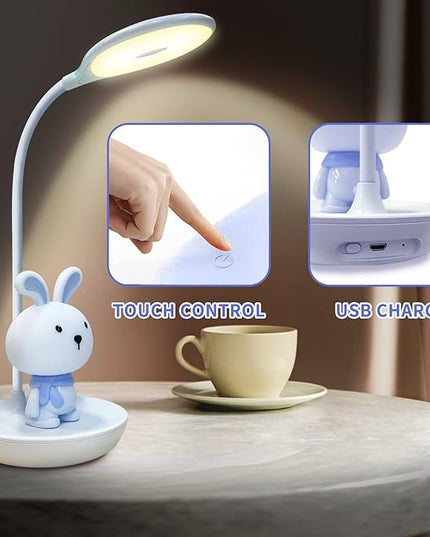 Kids Desk Lamp Pink, Dimming Desk Lamp for Girls with Exclusive Cartoon Look, Cute Night Light for Kids Bedroom, Eye-Caring LED Portable Reading Lamp for Child, Unique Gift (Blue Rabbit) - LeafyLoom