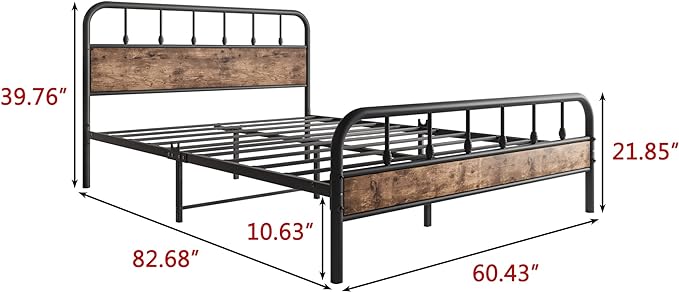 Black Queen Bed Frame with Wood Headboard,Metal Platform Bed Frames,No Box Spring Needed,Easy Assembly Rustic Brown - LeafyLoom