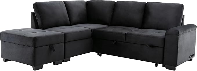87.4“ L-Shape Sectional Sleeper Sofa with Pull out Bed Ottoman, Velvet Upholstered Couch w/Hidden Arm Storage &USB Charge, for Living Room Apartment, 87.4 Inch, Gray1 - LeafyLoom