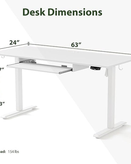 Height Adjustable Desk with Keyboard Tray, 63 x 24 Inches Electric Standing Desk, Stand up Computer Table with Memory Preset, Modern Lift Motorized Gaming Workstation, White - LeafyLoom