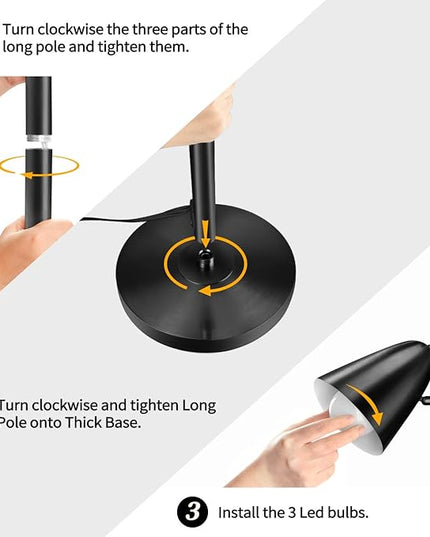 Qimh Tree Floor Lamp with 3 Light Bulbs, Standing Tall Pole Lamps for Living Room Bedroom Office, Reading Stand up Lamps with 3 Adjustable Arms, Black - LeafyLoom
