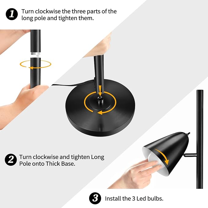 Qimh Tree Floor Lamp with 3 Light Bulbs, Standing Tall Pole Lamps for Living Room Bedroom Office, Reading Stand up Lamps with 3 Adjustable Arms, Black - LeafyLoom