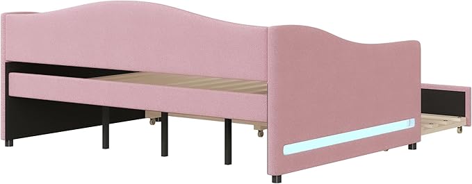 Full Size Upholstered Daybed with Trundle and LED Light, Teddy Fleece Sofabed, Day Bed Frame w/Wood Slats, for Bedroom Living Room, Pink - LeafyLoom