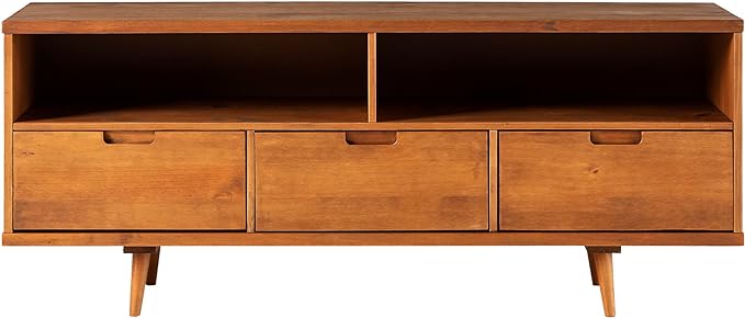 Walker Edison 3-Drawer Mid Century Modern Wood TV Stand for TV's up to 65" Flat Screen Cabinet Door Living Room Storage Entertainment Center, 58 Inch, Caramel - LeafyLoom