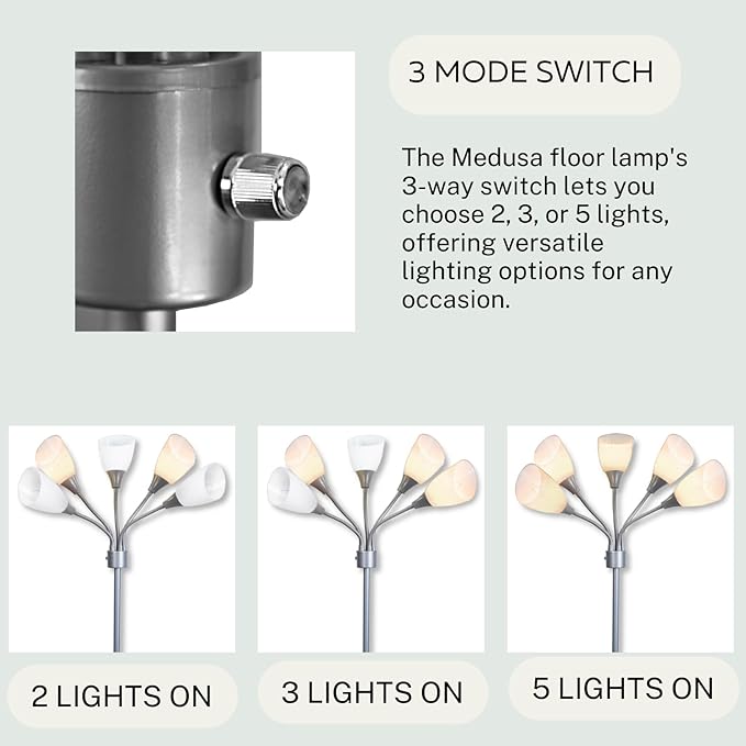 Modern Multi-Head Medusa Floor Lamp - 5 Light Standing Lamp for Bedroom and Living Room with Positionable Acrylic White Shades & 3-Light Mode Switch - Tall Black Floor Lamp for Living Room Decor - LeafyLoom