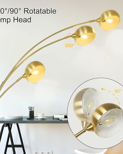 DLLT 3-Light Arc Floor Lamp, 86.6" Gold Floor Lamps for Living Room, Multi-Head LED Standing Tall Lamp with Adjustable Arms, Modern Tree Floor Lamps for Bedroom, Study, Office, E12 Bulbs Included - LeafyLoom