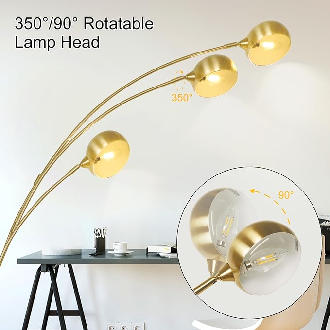 DLLT 3-Light Arc Floor Lamp, 86.6" Gold Floor Lamps for Living Room, Multi-Head LED Standing Tall Lamp with Adjustable Arms, Modern Tree Floor Lamps for Bedroom, Study, Office, E12 Bulbs Included - LeafyLoom