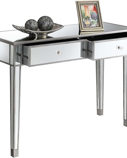 Convenience Concepts Gold Coast Mirrored Desk 42" - Console Table with 2 Drawers for Storage in Living Room, Office, Antique Silver/Mirror - LeafyLoom