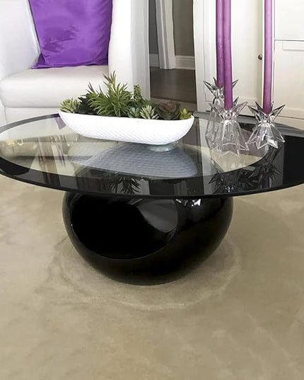Fab Glass and Mirror Coffee High Gloss Base Modern Black Center Table with Oval Glass Top for Living Room, Offices, 25.5 X 43.5 - LeafyLoom