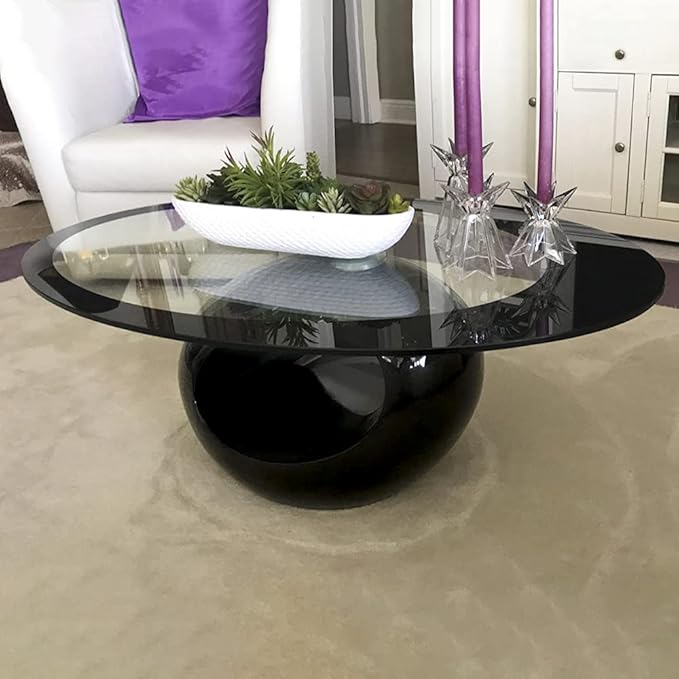 Fab Glass and Mirror Coffee High Gloss Base Modern Black Center Table with Oval Glass Top for Living Room, Offices, 25.5 X 43.5 - LeafyLoom