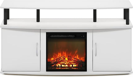 Furinno Jensen Living Room Fireplace TV Entertainment Center with Doors Storage Cabinet for TV up to 55 Inch, Solid White/Black - LeafyLoom