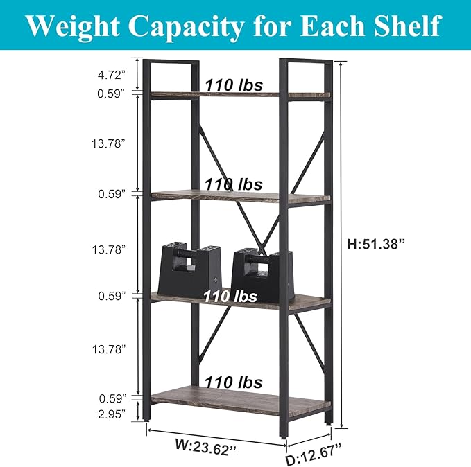 BON AUGURE Industrial 4 Tier Bookshelf, Modern Open Etagere Bookcase, Wood Metal Book Shelves for Living Room, Bedroom and Office (Dark Gray Oak) - LeafyLoom
