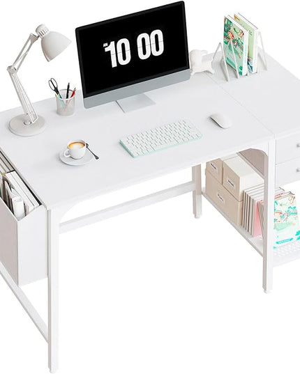 Lufeiya White Small Desk with Drawers - 40 Inch Computer Desk for Small Space Home Office, Modern Simple Study Writing Table PC Desks - LeafyLoom