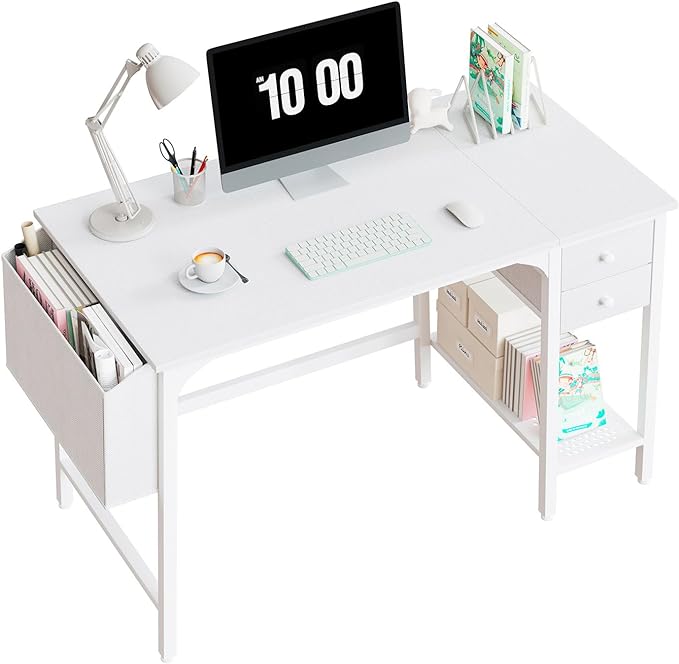 Lufeiya White Small Desk with Drawers - 40 Inch Computer Desk for Small Space Home Office, Modern Simple Study Writing Table PC Desks - LeafyLoom