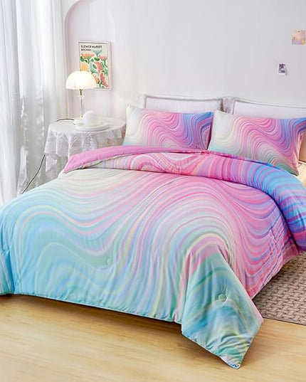Girls Pink Comforter King,Pink Bedding Set for Girls,Tie Dye Comforter Set,Kids Comforter Set for Girls,Blue Pink Teen Comforter King with 2 Pink Pillowcases,Rainbow Comforter Set - LeafyLoom