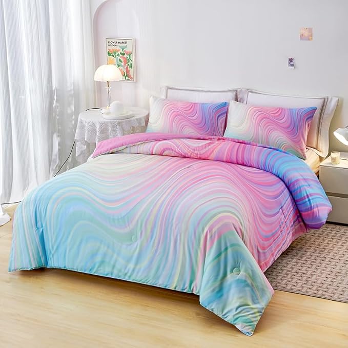 Girls Pink Comforter King,Pink Bedding Set for Girls,Tie Dye Comforter Set,Kids Comforter Set for Girls,Blue Pink Teen Comforter King with 2 Pink Pillowcases,Rainbow Comforter Set - LeafyLoom