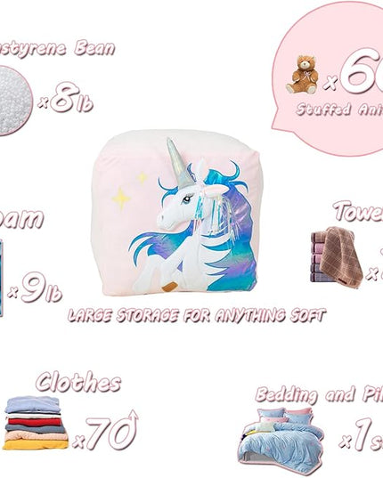 Kids Unicorn Bean Bag Chairs for Organizing Stuffed Animals, Girls Room Decorations Chair, Velvet Fabric Super Soft Large Size Cover Only - LeafyLoom