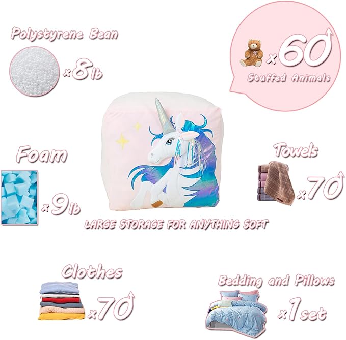 Kids Unicorn Bean Bag Chairs for Organizing Stuffed Animals, Girls Room Decorations Chair, Velvet Fabric Super Soft Large Size Cover Only - LeafyLoom