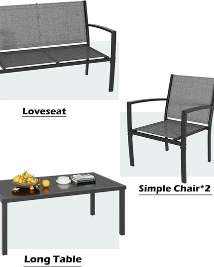 Greesum 4 Pieces Patio Furniture Set, Outdoor Conversation Sets for Patio, Lawn, Garden, Poolside with A Glass Coffee Table, Gray - LeafyLoom