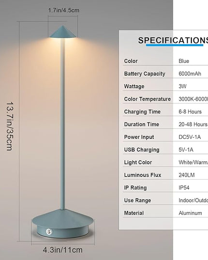 2-Pack 6000mAh Rechargeable LED Table Lamps,Outdoor Cordless Table Lamp Waterproof Portable, 3-Color Stepless Dimmable Modern Lamp for Restaurant/Bedroom(Blue) - LeafyLoom