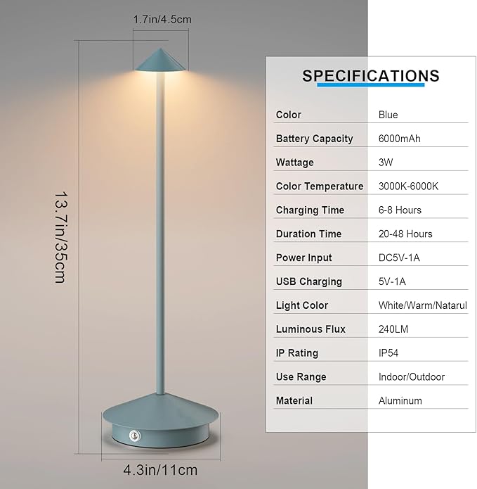 2-Pack 6000mAh Rechargeable LED Table Lamps,Outdoor Cordless Table Lamp Waterproof Portable, 3-Color Stepless Dimmable Modern Lamp for Restaurant/Bedroom(Blue) - LeafyLoom