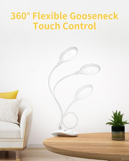 Clip on Light for Bed & Desk, Reading in Bed, Dorm, Flexible Gooseneck, Battery Operated Rechargeable Clamp Lamp for Headboard, Eye-Caring LED Light with 3 Brightness Modes - LeafyLoom