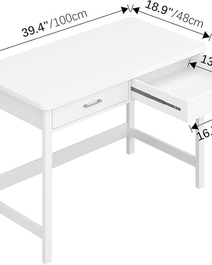 4NM 39.4" Small Desk with Wood Drawers, Home Office Computer Desk with Wooden Legs, Study Writing Table Vanity Desk for Small Spaces - White - LeafyLoom