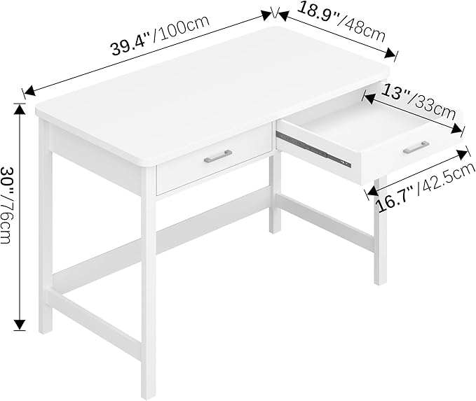 4NM 39.4" Small Desk with Wood Drawers, Home Office Computer Desk with Wooden Legs, Study Writing Table Vanity Desk for Small Spaces - White - LeafyLoom