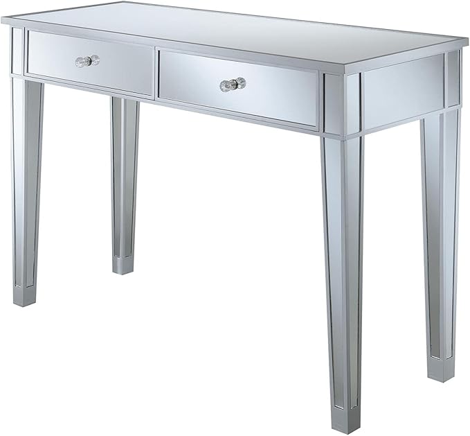 Convenience Concepts Gold Coast Desk 42" Console Table with 2 Drawers for Storage in Living Room, Office, Den, 42 x 15 x 30 inches, Silver/Mirror - LeafyLoom