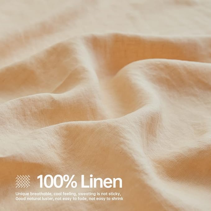 Simple&Opulence 100% Linen Sheet Set Solid Color-4 Pcs Washed French Linen Bed Sheets(1 Flat Sheet,1 Fitted Sheet,2 Pillowcases)-Breathable Bedding Set (Queen, Sand) - LeafyLoom