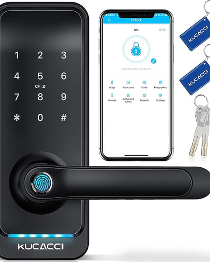 Smart Door Lock with Handle: Kucacci Keyless Entry Digital Door Lock for Front Door - Fingerprint Keypad Smart Dnob - Generate Passcode Remotely - App Control - Easy Installation(Black) KeylessLockforSmartHome