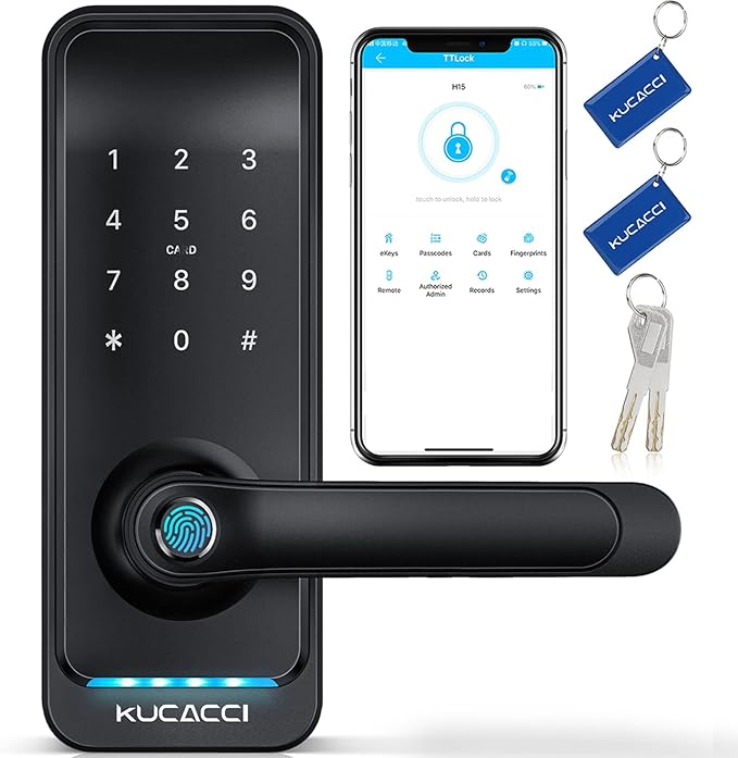 Smart Door Lock with Handle: Kucacci Keyless Entry Digital Door Lock for Front Door - Fingerprint Keypad Smart Dnob - Generate Passcode Remotely - App Control - Easy Installation(Black) KeylessLockforSmartHome