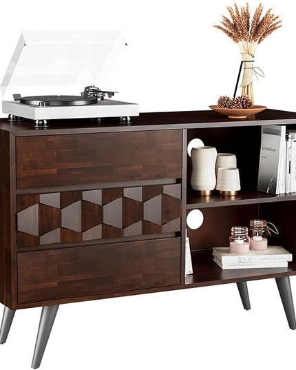 Bme Georgina 45 Inch Solid Wood TV Stand, Under 10 Minutes Assembly Entertainment Center with Storage, Geometric Pattern TV Console for Living Room, Bedroom, Dinning Room - Walnut - LeafyLoom