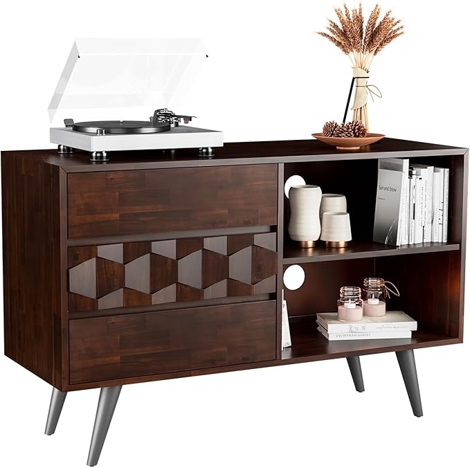 Bme Georgina 45 Inch Solid Wood TV Stand, Under 10 Minutes Assembly Entertainment Center with Storage, Geometric Pattern TV Console for Living Room, Bedroom, Dinning Room - Walnut - LeafyLoom