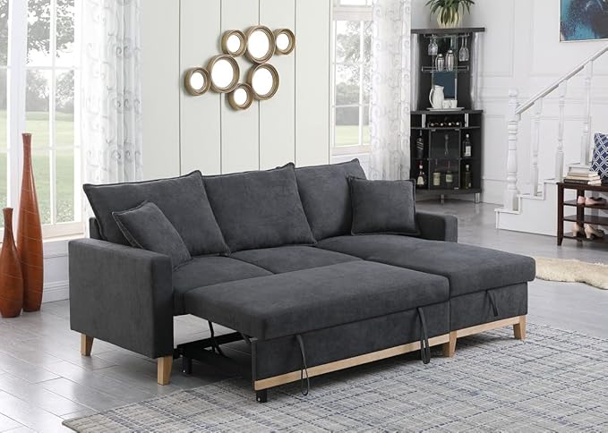 Reversible Sleeper Sectional Sofa with Storage Chaise, Convertible Woven 3 Seater Corner Couch Pull Out Bed, for Living Room Small Space, 84, Dark Gray-1 - LeafyLoom