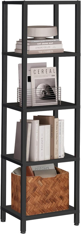 TUTOTAK Bookshelf, 5-Tier Tall Book Shelf, Narrow Bookcase for Small Space, DIY Stackable Bookshelf, for Living Room, Office, Study, Entryway, Industrial, Black BS01BK005 - LeafyLoom