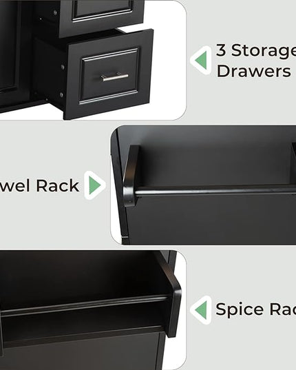 54" Large Kitchen Island Cart with Drop Leaf, Kitchen Island with Storage, Rolling Kitchen Island with Inside Cabinet, 3 Drawers, Spice Rack, Towel Rack and Wood Tabletop(Black) - LeafyLoom