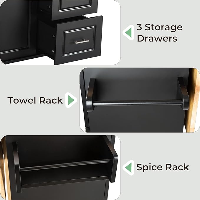 54" Large Kitchen Island Cart with Drop Leaf, Kitchen Island with Storage, Rolling Kitchen Island with Inside Cabinet, 3 Drawers, Spice Rack, Towel Rack and Wood Tabletop(Black) - LeafyLoom