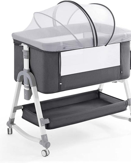 4 in 1 Baby Bassinet,Easy Folding Portable Bedside Crib with Comfy Mattress and Wheels,Height Adjustable Bassinet with Mosquito net Included,Grey - LeafyLoom