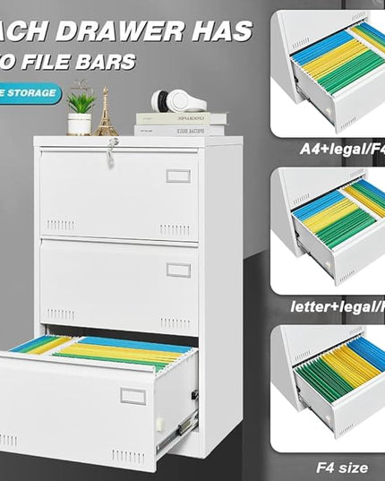 3 Drawer Lateral Lock and Card Holder, Multifunctional Metal Filing Cabinets w/Heavy 3 Section Slide Rail & Breathable Holes,for Legal/Letter/A4,White - LeafyLoom