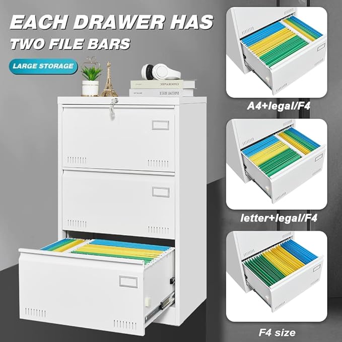 3 Drawer Lateral Lock and Card Holder, Multifunctional Metal Filing Cabinets w/Heavy 3 Section Slide Rail & Breathable Holes,for Legal/Letter/A4,White - LeafyLoom