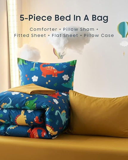 Wake In Cloud - Dinosaur Bedding Set for Boys, Cute Colorful Dinosaur Comforter Set with Sheets, 5 Pieces Kids Bed in a Bag, Navy Blue, Twin Size - LeafyLoom