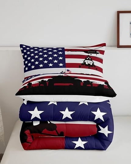 Feelyou American Flag Comforter Set for Girls Kids Boys Men Soldier Rifle Helicopter Tank Bedding Set Red Blue Stars Stripes USA Flag Comforter Room Decor Army Guns Military Down Comforter Twin Size - LeafyLoom