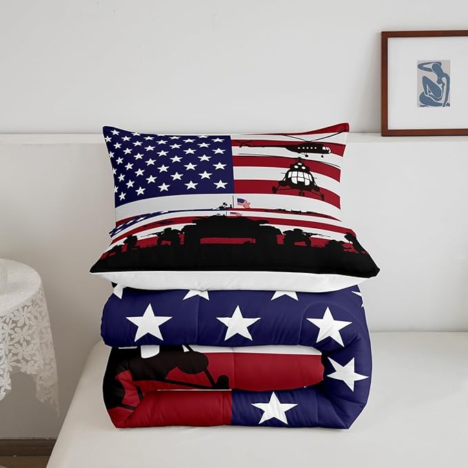 Feelyou American Flag Comforter Set for Girls Kids Boys Men Soldier Rifle Helicopter Tank Bedding Set Red Blue Stars Stripes USA Flag Comforter Room Decor Army Guns Military Down Comforter Twin Size - LeafyLoom