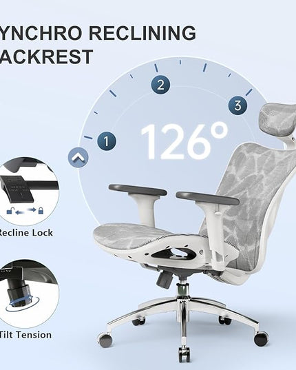 SIHOO M57 Ergonomic Office Chair with 3 Way Armrests Lumbar Support and Adjustable Headrest High Back Tilt Function Light Grey - LeafyLoom