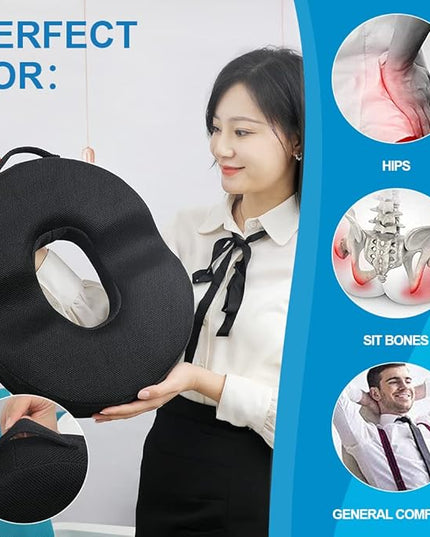 JEMA Donut Pillow, Tailbone Memory Foam Seat Cushion by Ergonomic Innovations for Sores, Coccyx, Sciatica, Pregnancy, Post Natal (Black) - LeafyLoom