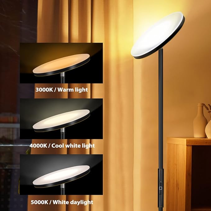 JOOFO Floor Lamp,30W/2400LM Sky LED Modern Torchiere 3 Color Temperatures Super Bright Floor Lamps-Tall Standing Pole Light with Remote & Touch Control for Living Room,Bed Room,Office (Black-Gold) - LeafyLoom